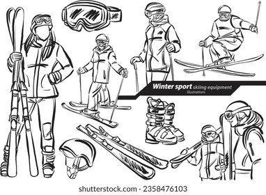 winter sport skiing equipment vector illustrator set collection