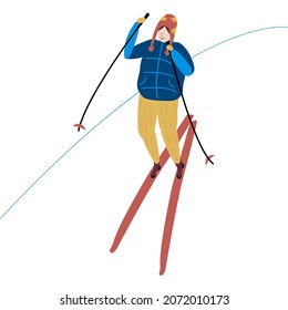Winter sport Skiing. A person is Skier in the mountains in Winter-time day. Ski and warm Sportswear. Girl in winters clothes. Flat, vector cartoon illustration isolated on white background