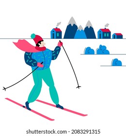 Winter sport Skiing. A person is Skier in the mountains in Winter-time day. Mountain resort landscape background. Ski and warm Sportswear. Men in winters clothes. Flat, vector cartoon illustration.