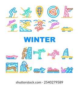 esporte de inverno esqui snowboarding ícones definir vetor. iceskating sledding, curling biathlon, bobsled luge, snowshoeing, hóquei esporte de inverno esqui snowboard cor linha ilustrações