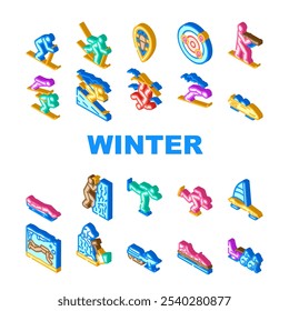 winter sport skiing snowboarding icons set vector. iceskating sledding, curling biathlon, bobsleigh luge, snowshoeing, hockey winter sport skiing snowboarding isometric sign illustrations