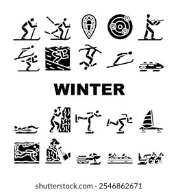 winter sport skiing snowboarding icons set vector. iceskating sledding, curling biathlon, bobsleigh luge, snowshoeing, hockey winter sport skiing snowboarding glyph pictogram Illustrations