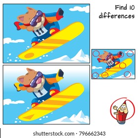 Winter sport. Snowboarder cat jumping. Find 10 differences. Educational game for children. Cartoon vector illustration