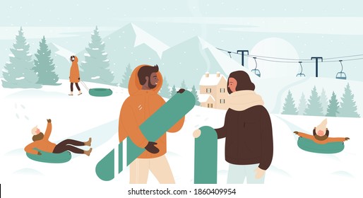 Winter sport snowboarder people vector illustration. Cartoon sportive man woman couple characters holding snowboards, standing in mountain resort snow nature landscape, wintertime activity background