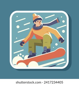 Winter sport snowboarding. Colorful cartoon character snowboarder. Flat vector illustration. Colorful poster card with riding man. Picture or sticker with ski activity isolated on blue background.