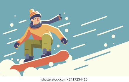 Winter sport snowboarding. Colorful cartoon character snowboarder. Flat vector illustration. Colorful poster card with riding man. Picture or sticker with ski activity isolated on blue background.