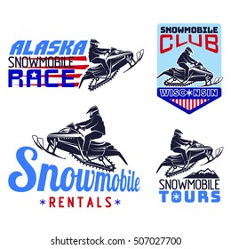 Winter Sport Snowmobile Logo Emblems Set Vector