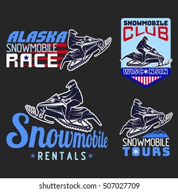 Winter Sport Snowmobile Logo Emblems Set Vector