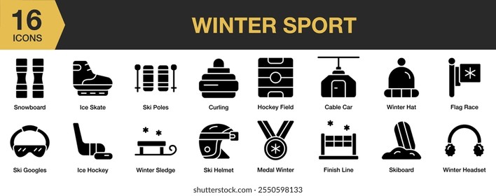 Conjunto de iconos sólidos Winter Sport. Incluye snowboard, patines sobre hielo, curling, hockey, medalla, esquí, gafas y más. Colección de Vector de iconos sólidos.