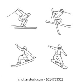 Winter sport sportmen in different poses during skiing and snowboarding, outline line graphic, isolated, design elements