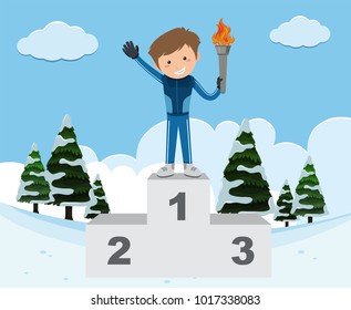 Winter sport theme with man and torch on stand illustration