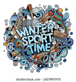 Winter Sport Time hand drawn cartoon doodles illustration. Funny objects and elements poster design. Cold season outdoor activities elements and objects cartoon background.