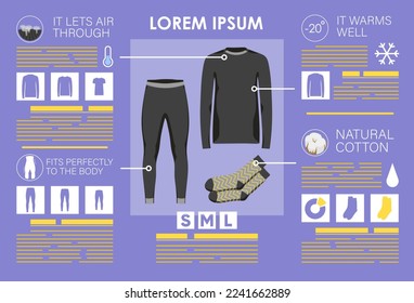 Equipamiento de ropa interior para deportes de invierno para esquiadores y snowboard. Características infográficas de ropa especial de abrigo para actividades al aire libre. Plantilla para la tienda en línea de la página de inicio. Ilustración del vector