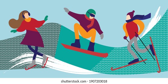 Winter sport vector flat illustration. Figure skater, skier and snowboarder vector flat illustration. Cartoon characters.