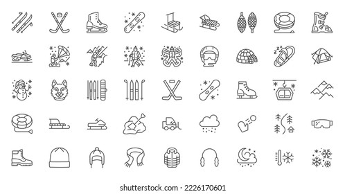 Winter sport vector flat line icons. Outdoor activities equipment snowboard, hockey, sled, skates, snow tubing, ice kiting, husky dog, climbing. Linear pictogram for ski resort. Editable Stroke