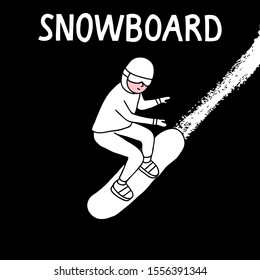 Winter sport vector illustration drawn by hand. An young man's snowboarding and  leaving a mark on black background. Doodle art. Design for poster, banner, decoration for sport shop, snowboard school