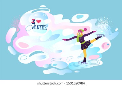 Winter sport vector illustration. I love winter composition. skating