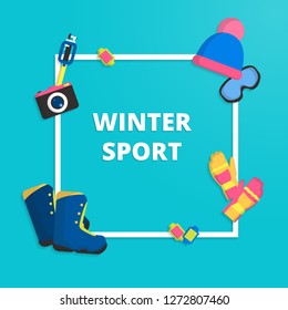 Winter sport Vector illustration Poster template with white frame and equipment for snowboarding and ski on turquoise background