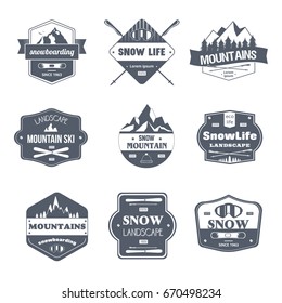 Winter Sport - vector set of vintage template logo insignias. Old fashion style emblems, badges of snowboarding, mountain skiing, snow life landscape. Apparel, leaflet, brochure, sticker design.