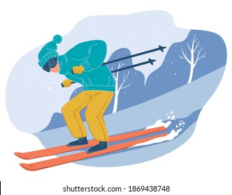 Winter sportive hobbies and active lifestyle during cold season. Equipped personage going downhill, skiing male character. Snowy landscape of forest and peaks of mountains. Vector in flat style