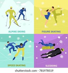 Winter sports 2x2 design concept with sledding alpine skiing speed and figure skating square icons flat vector illustration   