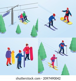 Winter sports 2x2 set with people skiing and snowboarding on mountain ski resort 3d isolated vector illustration