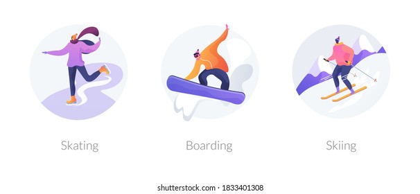 Winter sports abstract concept vector illustration set. Skating, boarding and skiing, outdoor ice rink, snowboard mountain slope, holiday resort, extreme sports, freestyle rider abstract metaphor.