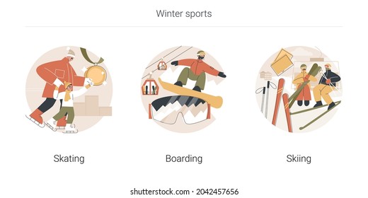 Winter sports abstract concept vector illustration set. Skating, boarding and skiing, outdoor ice rink, snowboard mountain slope, holiday resort, extreme sports, freestyle rider abstract metaphor.