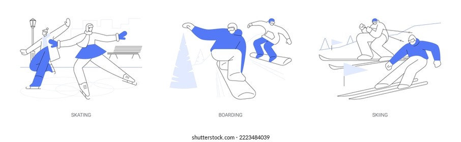 Winter sports abstract concept vector illustration set. Skating, boarding and skiing, outdoor ice rink, snowboard mountain slope, holiday resort, extreme sports, freestyle rider abstract metaphor.