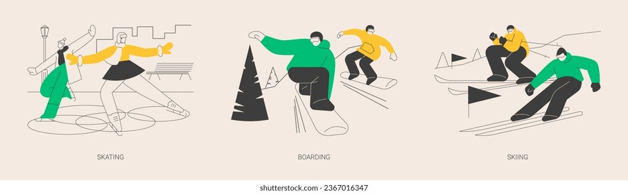 Winter sports abstract concept vector illustration set. Skating, boarding and skiing, outdoor ice rink, snowboard mountain slope, holiday resort, extreme sports, freestyle rider abstract metaphor.