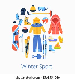 Winter sports accessories vector illustration, round composition poster. Skating, snow board riding, mountain skiing set with jacket, snow boot, poles and other winter sport and activity essentials.