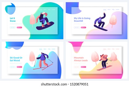 Winter Sports, Active Outdoors Leisure Spare Time Website Landing Page Set. Sportswoman and Sportsman Training or Relaxing Riding at Skis and Snowboard Web Page Banner. Flat Vector Illustration
