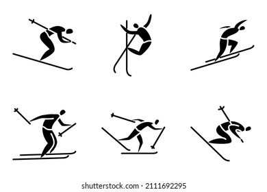 Winter sports. Active recreation in winter. Cross-country skiing, downhill, ski jumping. Set of vector icons, glyph, silhouette, isolated