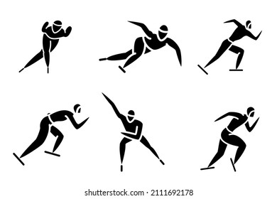 Winter Sports. Active Recreation In Winter. Skating, Competition, Athlete Poses. Set Of Vector Icons, Glyph, Silhouette, Isolated