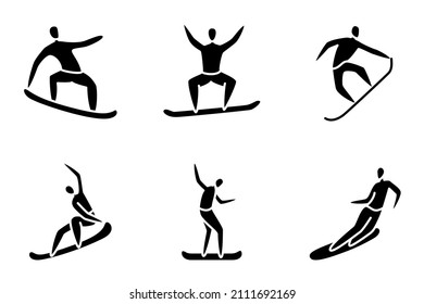 Winter sports. Active recreation in winter. Snowboarding, jumping, freestyle. Set of vector icons, glyph, silhouette, isolated