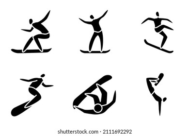 Winter sports. Active recreation in winter. Snowboarding, jumping, freestyle, outdoor activities. Set of vector icons, glyph, silhouette, isolated
