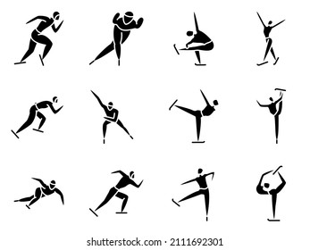 Winter sports. Active recreation in winter. Speed skating, ice skating, figure skating. Set of vector icons, glyph, silhouette, isolated