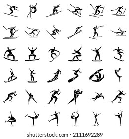 Winter sports, Active recreation in winter.Speed skating, springboard, cross-country skiing, biathlon. Skiing, skating, snowboarding, figure skating. Set of vector icons, glyph, silhouette, isolated