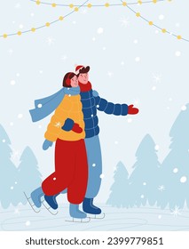 Winter sports and activities. Couple in love ice skating in winter. Happy young couple enjoying winter holidays. Flat vector illustration