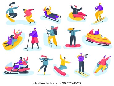 Winter sports activities, people having fun skiing and snowboarding. Professional skiers and snowboarders, winter season activity vector set. Playing hockey and doing extreme sport