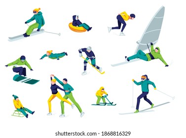 Winter sports activities set. People in warm winter clothing skiing in mountains, sledding on sleigh, skating, snowboarding, windboarding cartoon vector illustration isolated on white background