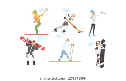 Winter sports activities set, skiing, hockey, figure skating, snowboarding vector Illustration