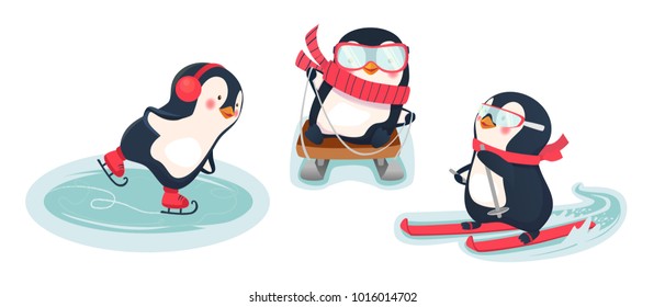 Winter sports and activities. Vector set. Active penguins in winter