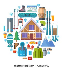 Winter sports activity and equipment round icon set. Skiing, snowboarding vector isolated. Ski resort elements in flat design.