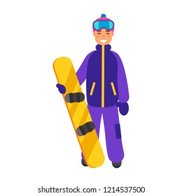Winter sports, activity. Happy snowboarder stand with snowboard and smile. Vector flat style. Bright colors illustration for banner, advertising. 