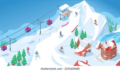 Winter sports activity, isometric ski resort in mountains, alps with snowboarders and skiers on downhill. People using funicular, lift for slide from snowy peak of hill, rock. 3d vector illustration