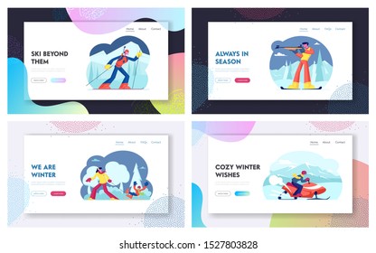 Winter Sports Activity and Leisure Recreation Website Landing Page. Biathlon Sportsmen Tournament, Snowmobile and Sleds Riding Wintertime Relaxing Web Page Banner. Cartoon Flat Vector Illustration