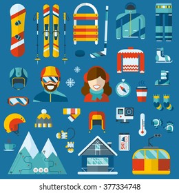 Winter sports and activity pictogram collection. Snowboard travel flat icons. Snow games vector elements and accessories. Ski resort holidays. Snowboarder  man and woman. Winter activity icon set.