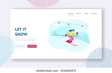 Winter Sports Activity and Spare Time Website Landing Page. Young Woman Skiing in Mountains Resort with Funicular. Girl Riding Downhills by Skis Web Page Banner. Cartoon Flat Vector Illustration