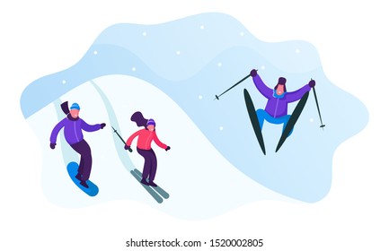 Winter Sports Activity and Spare Time. Young Men and Women Skiing and Snowboarding in Mountains Resort. People Riding Downhills Having Wintertime Fun and Leisure Time. Cartoon Flat Vector Illustration